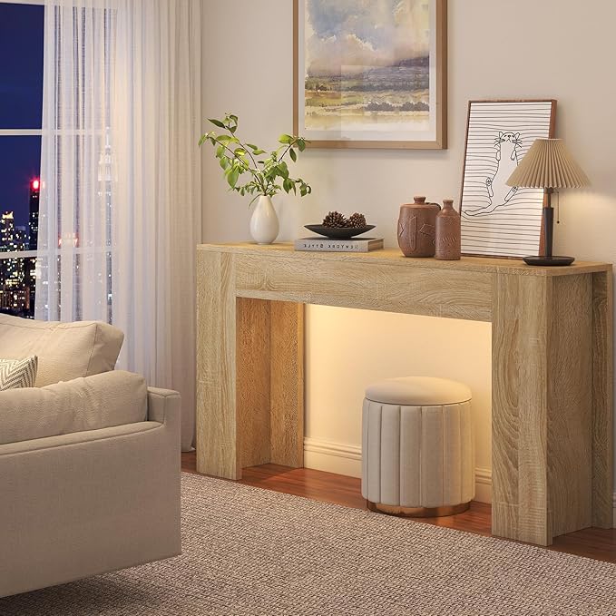 63-Inch Long Console Table with LED Light, Farmhouse Sofa Table Behind Couch, Wooden Console Table for Entryway Hallway Entrance Living Room, Nature