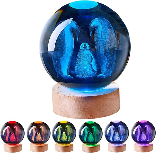 Penguin Crystal Ball Lamp with LED Wooden Base, 16 Colors Change & Remote Control Crystal Ball Night Light, Upgraded 3.15 Inch Glass Light, Gift for Kids Wife Girlfriend (Penguin)