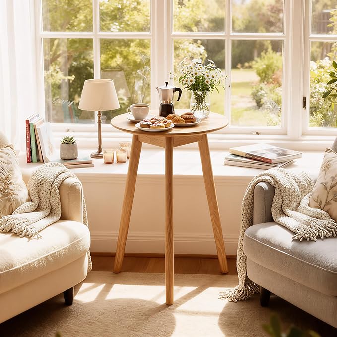 100% Solid Oak Small Tall Side Table, Mid Century Modern Coffee Table for Small Spaces, Living Room End Table with Stable Frame for Bedroom Couch, (Natural, 21.65" D x 21.65" W x 29.53" H)