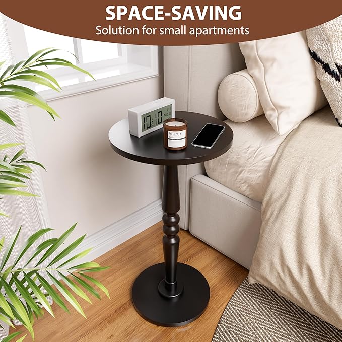 Round Side Table for Livingroom, Bedroom - Small Accent End Table Nightstand with Solid Wood Top and Pedestal Leg - Modern Drink Table for Small Spaces, Corners, Office
