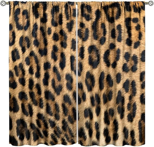 Leopard Print Blackout Curtain, Retro Wild Animal Skin Black Brown Fur Leopard Print Curtains Rod Pocket Window Treatments 2 Panels Drapes for Bedroom Nursery Office Living Room Decor 84"W X 84"L