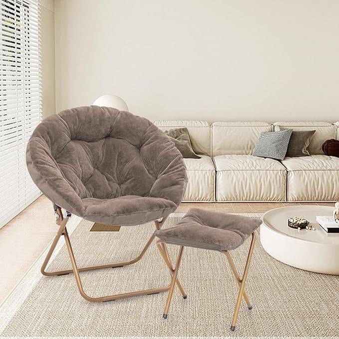 Athena Collection Saucer Chair with Ottoman Comfy Chair for Bed Room Living Room Folding Round Cozy Chair Faux Fur Metal Frame Foldable Lazy Chair Accent Chair Reading Chair Set of 2, Brown