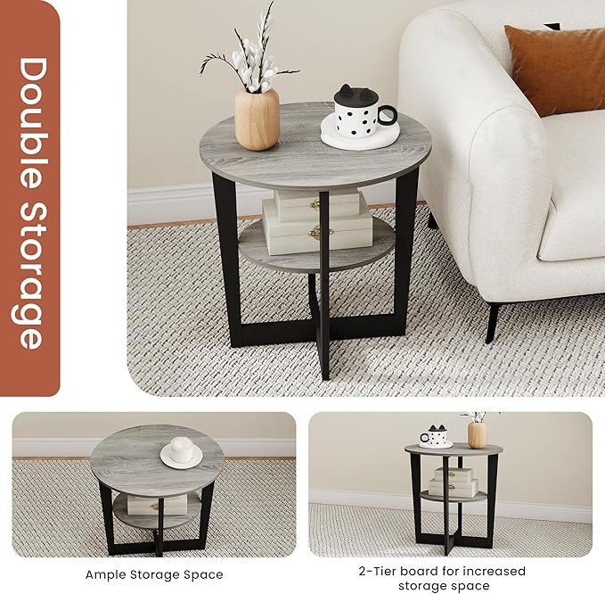 Small End Table, Round Side Table with 2-Tier Open Storage for Living Room, Apartment, Home Office, Small Spaces, Grey