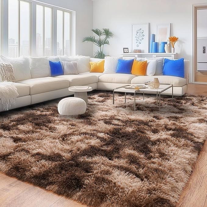 Rugs for Living Room 8x10, Soft Shaggy Modern Shag Area Rug for Bedroom, Upgrade Non-Slip Plush Fluffy Carpet for Kids Boys Girls Room Home Decor Aesthetic, Tie-Dyed Brown