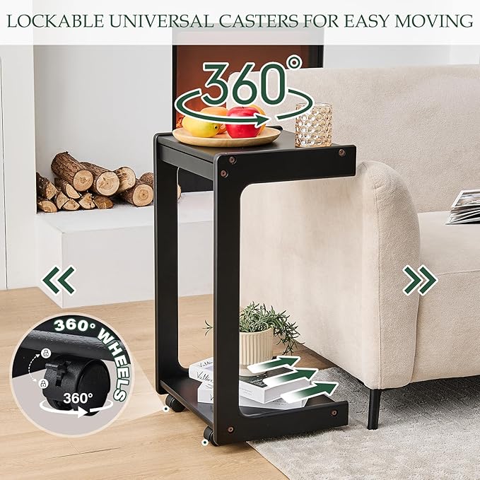 Wood Side Table for Couch - C Shaped Rolling End Table with Wheels, Wooden Modern Small Tv Tray Bedside Tables with Drawer for Sofa Armchair Living Room Bedroom, Black, 13 in x 14.4 in x 26 in