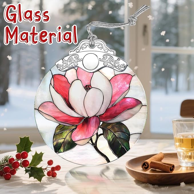 Stained Glass Magnolia Flower Christmas Ornament: Christmas Tree Ornaments & Decor, Holiday Decor – Holiday Presents, Gift Exchange Ideas & Elegant Keepsake for Family, Coworkers & Friends