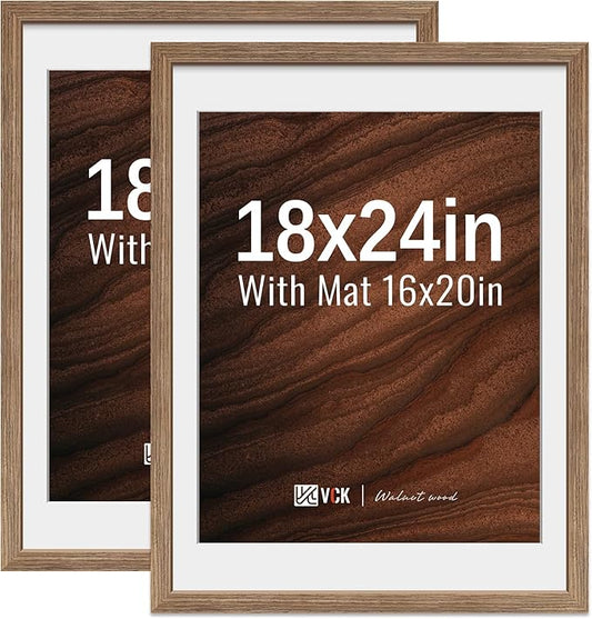 VCK 18x24 Poster Frame 2 Pack - Walnut, High-End Wood Picture Frames with Polished Plexiglass, Display 16x20 Photo with Mat or 18x24 without Mat, Art Gallery-Quality, Wall Hanging, Walnut
