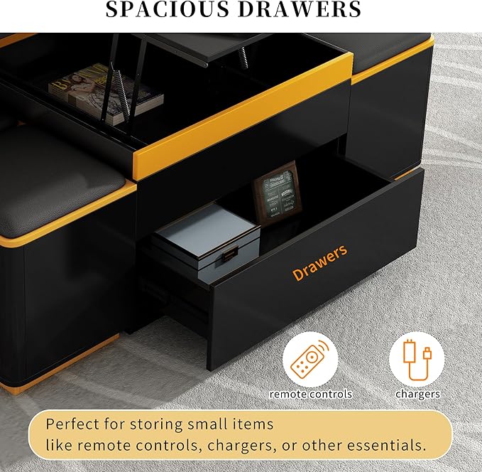 47.2'' Lift Top Coffee Table with 4 Storage Stools and Foldable Top, Modern Rectangular Multi-Functional Adjustable Dining Table Task Table with Hidden Compartment for Living Room, Black