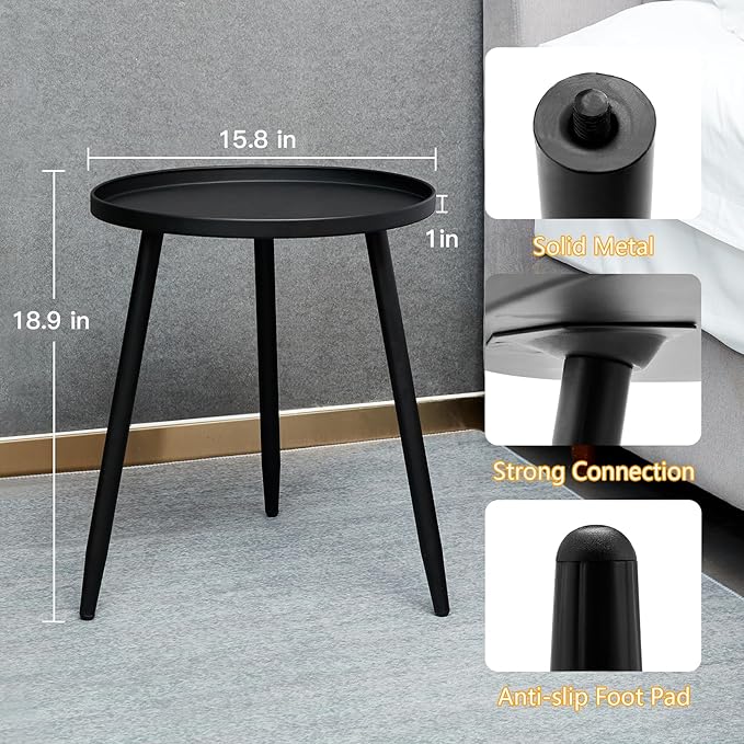Decent End/Side Tables - Small Round Accent Table, Metal Black Narrow Night Stands with 3 Legs, Ideal for Any Room-Side Tables Living Room, Bedroom, Tall Plant Stand Balcony, Indoor & Outdoor