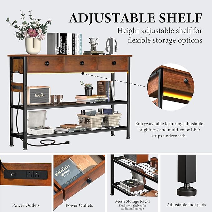 47" Narrow Console/Entryway Table with Storage & 3 Drawers & Outlets, for Sofa & Living Room, Hallway/Foyer/Couch/TV/ Aquarium Stand Table for Entryway with USB Ports, LED Light Strip,Perfect for Home