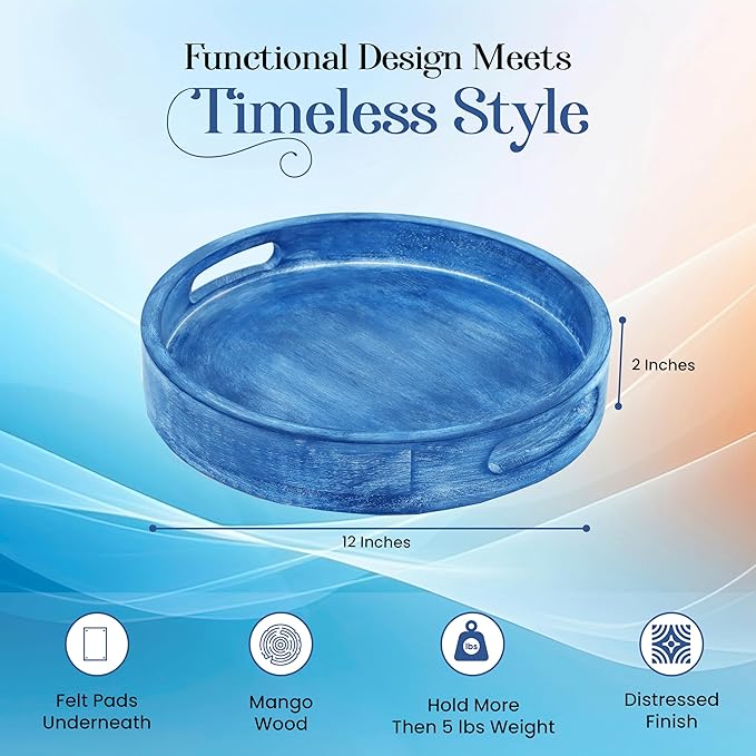 12" Decorative Wooden Serving Tray - Perfect for Breakfast, Lunch, Dinner, Appetizers, Patio, Ottoman, Coffee Table - Durable Living Room and Couch Tray (Blue) - CLEENTABLE