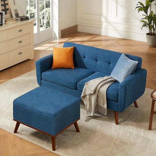 Tbfit 65" W Loveseat Sofa with Ottoman Coffee Table, Mid Century Modern Love Seat Couches for Living Room, Button Tufted Upholstered Small Couch for Bedroom,Easy to Install Love Seats Furniture, Blue