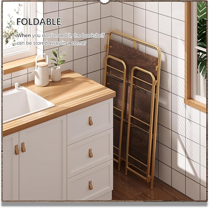 4NM No Assembly Folding Bookshelf, 3 Tiers Collapsible Book Shelves Open Industrial Foldable Storage Bookcase Shelf for Bedroom, Living Room, Home Office - Brown and Gold