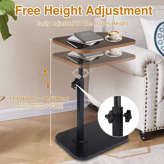 C Shaped End Table for Couch Sofa, 360° Swivel Height Adjustable TV Tray for Small Spaces,Livingroom Bedroom College Dorm Hospital(Walnut)