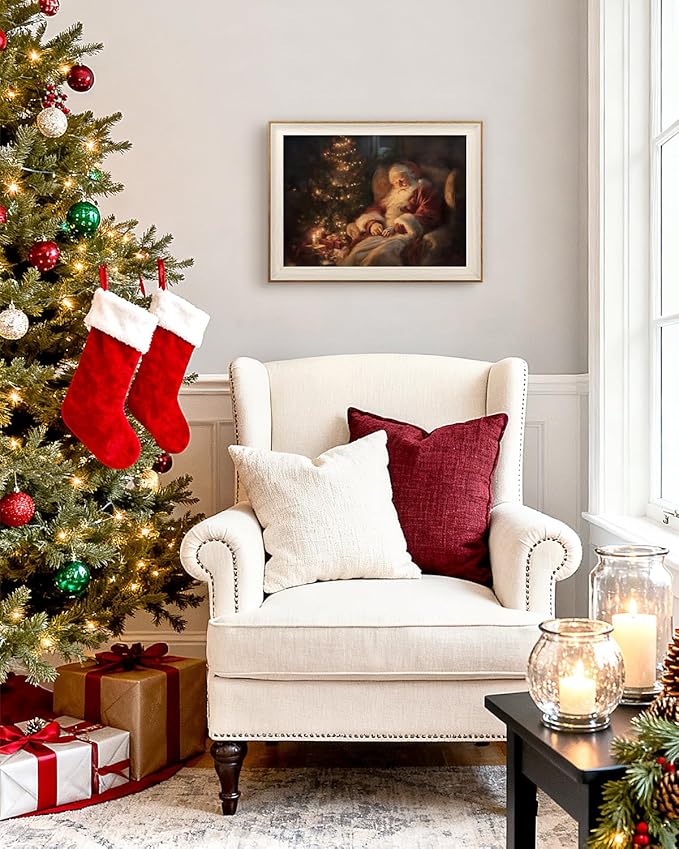InSimSea Christmas Decor Framed Wall Art, Santa Claus by the fireplace Canvas Painting, Vintage Rustic Home Decor, Unique Christmas Gifts For Table Wall Farmhouse Mantel Home Office 12L x 16W