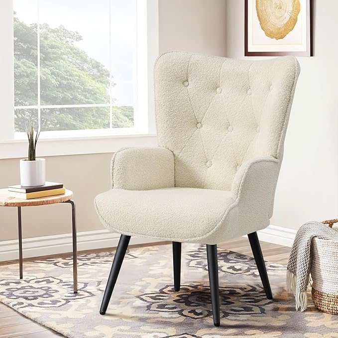Furniliving Boucle Accent Chair for Living Room, Upholstered Reading Chair with High Backrest, Tufted-Button Wingback Armchair for Bedroom, Dressing Room, Home Office, Ivory White, Set of 2