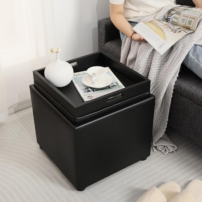Adeco 17" Black Storage Ottoman Cube with Tray Lid, Small Footstool with Storage, Square End Table for Living Room & Bedroom