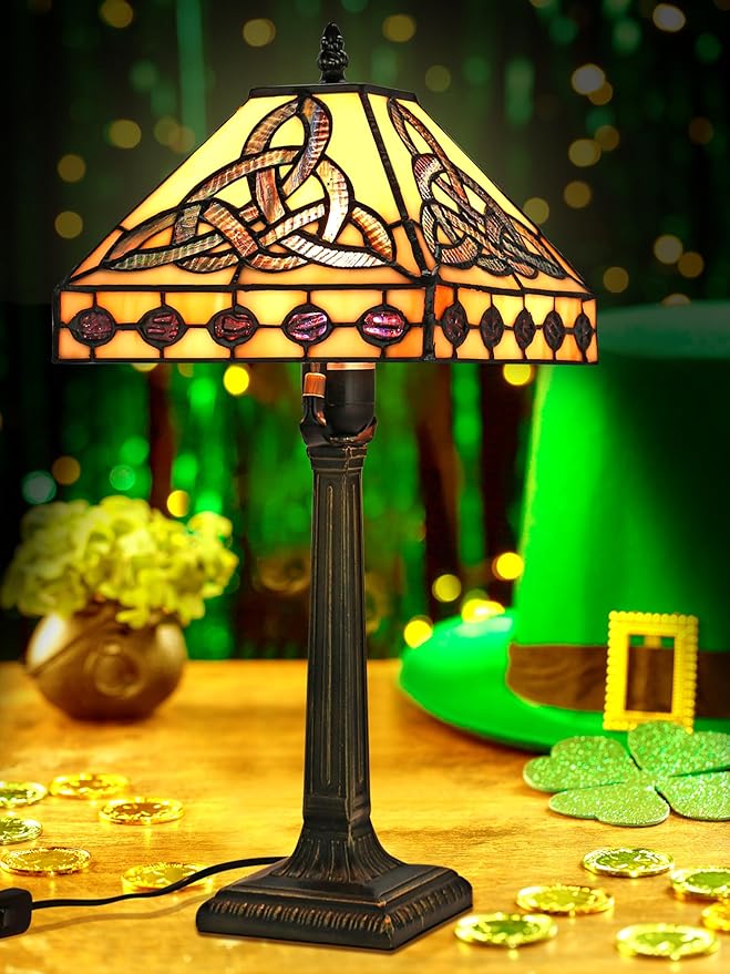 KY&BOSAM Tiffany Style Table Lamp Irish Celtic 17500 Lumens Stained Glass Art Style Fairy Lamp Night Light Shade E26 Bulb Holder Metal Base ON Off Switch Home Office Memory Lamp St Patrick's Day Gift