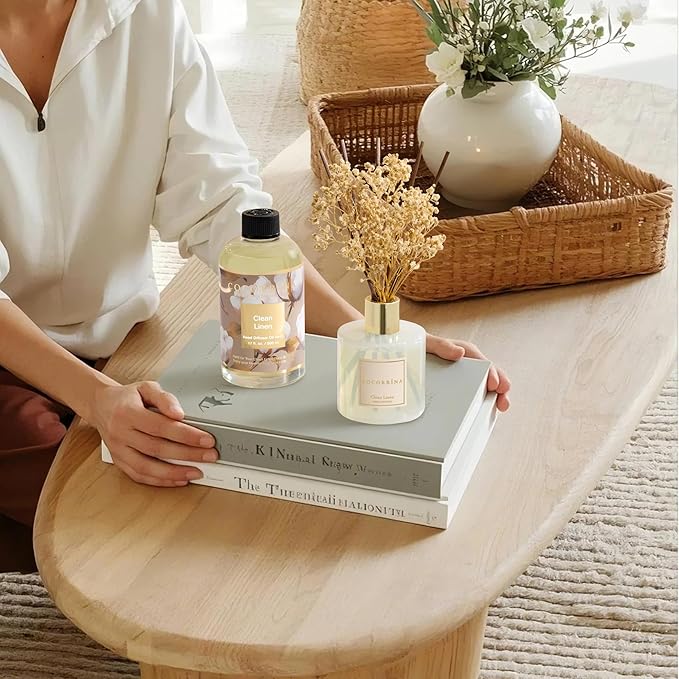 Cocorrína Reed Diffuser Refill Clean Linen 17oz (500ml) with 8 Rattan Sticks - Premium Long-Lasting Scented Oil, Home Fragrance for Bedroom, Bathroom Home Decor