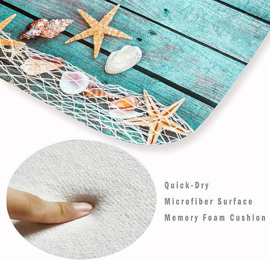 Bath Rugs Sponge Foam Absorbent Soft for Bathroom and Kitchen (30 x18 inches), Flannel Mat Non Slip Bright 3D Print for Bedside and Living Room(Starfish on Blue Wooden Board)
