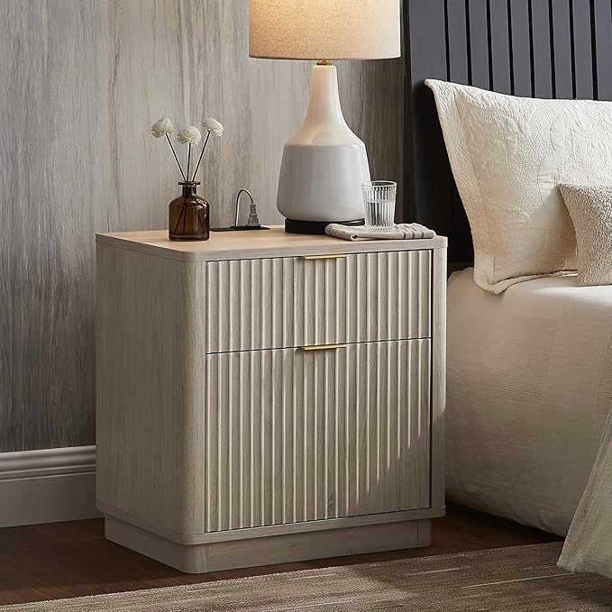 T4TREAM 23'' Fluted Nightstand with Charging Station, Large 2 Drawer Side Table, Modern End Table with Storage, Mid Century Bedside Table for Bedroom, Living Room, Curved Profile, White Alder