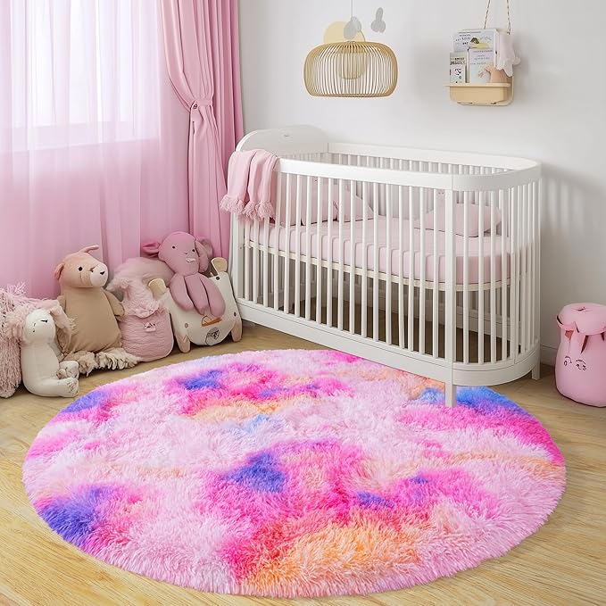 Round Fluffy Rugs 7Ft for Girls Bedroom, Dark Rainbow Shag Circle Kids Rug Non-Slip for Bedside Dorm Nursery Playroom, Soft Cute Area Rugs for Living Room Decor