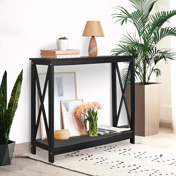 ZenStyle Sofa Side Console Table with 2 Storage Shelves Narrow Accent Table for Entryway/Hallway/Living Room, 39.3in L x 11.8in W x 31.6in H, Black
