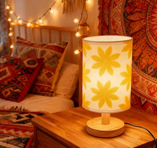 9.8" Flower-Patterned Small Table Lamp | Inline Control & 3 Brightness Levels | Yellow Shade Bedside Lamp for Bedroom,Living Room,Study,Dorm,Home Office,Baby Room & Kitchen
