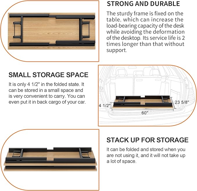 Need Folding Computer Desk, Large 60 inches Folding Table for Home Office, No Install Needed Foldable Writing Table Desk, Teak and Black