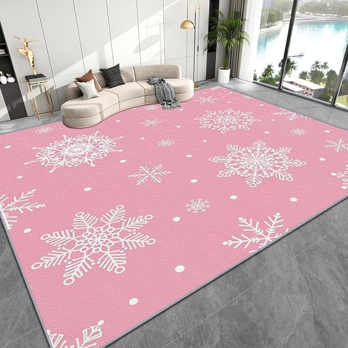Snowflake Rug 5x7-5x8 Rug, Pink Christmas Living Room Rugs, Snowflake Bedroom Rugs, White Snowflakes Carpet, Festive Home Decor & Gifts