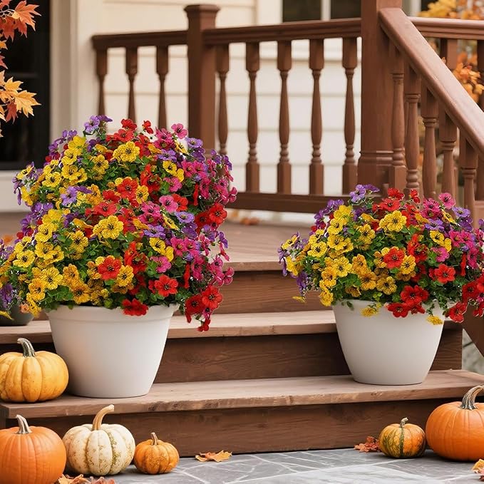 12 Bundles Artificial Flowers for Outdoor Indoor Fake Flowers UV Resistant Artificial Outdoor Flowers Fake Plants Faux Flower for Porch Garden Home Patio Decor Home ((Mix Pink Red Purple Yellow))