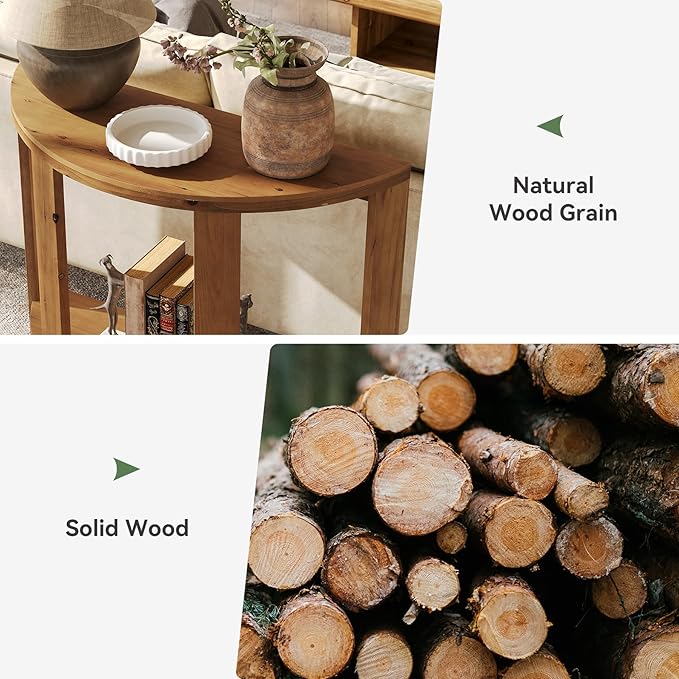 Solid Wood Half-Moon Console Table for Entryway, 41.3" Farmhouse Small Hallway Entry Accent Table with 2-Tier Storage for Living Room, Foyer, Entrance, Easy Assembly