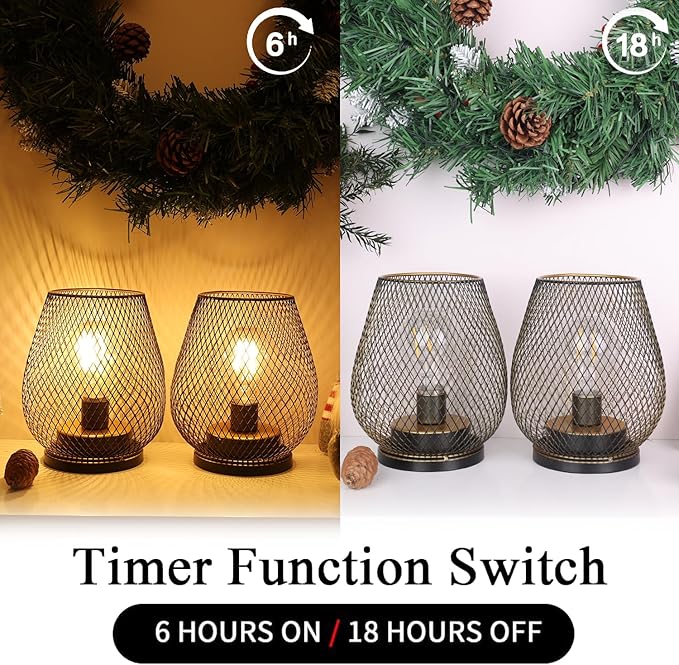 NEEDOMO Set of 6 Battery Operated Lamp Outdoor Table Lantern, LED Metal Cage with Timer Mode, Vintage Decorative Lights Cordless Lamp Indoor Outdoor Patio Bedroom Living Room (Golden)