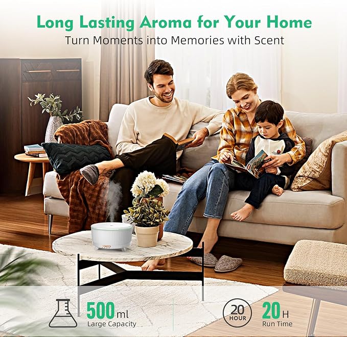 500ML Large Capacity Essential Oil Diffuser, Ultrasonic Aromatherapy Diffuser with 7 Color LED Lights with Remote Control, Cool Mist Humidifier, Timed Mist, Auto Shut-Off (Minimalist White)