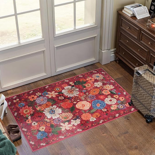 Floral Rug for Entryway, 2x3 Washable Kitchen Mat Ultra-Thin Soft, Non-Slip Indoor Door Carpet Stain Resistant Boho Small Low-Pile Throw for Bathroom Bedroom (2 x 3, Red Garden)