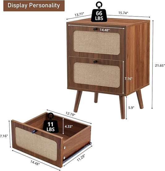 16" Wooden Nightstand with 2 Storage Drawer, Farmhouse Bedside End Table with Linen Decor, Mid Century Modern for Night Stand Bedroom, Living Room & Small Spaces (Walnut)