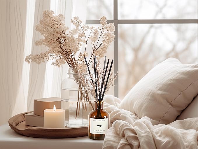 WEALD TRIBE Flower Reed Diffuser Set Vanilla Cinnamon Scent for Bathroom Air Fresheners | 4.0 fl oz Essential Oils with Sticks Home Fragrance Defusers | House Bedroom Office Shelf Decor & Gift