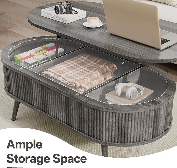 Mid Century Oval Coffee Table, Fluted Center Table with Lift Top, Modern Dining Table with Storage for Living Room Home Office, 39.4", Gray