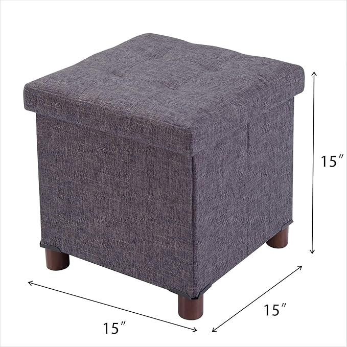15 Inch Storage Ottoman with Wooden Legs - Cube Foot Rest Stool, Square Footstool, Comfortable Seat with Lid, Foldable Fabric Ottoman, Space-Saving Grey