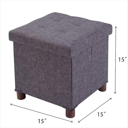 15 Inch Storage Ottoman with Wooden Legs - Cube Foot Rest Stool, Square Footstool, Comfortable Seat with Lid, Foldable Fabric Ottoman, Space-Saving Grey