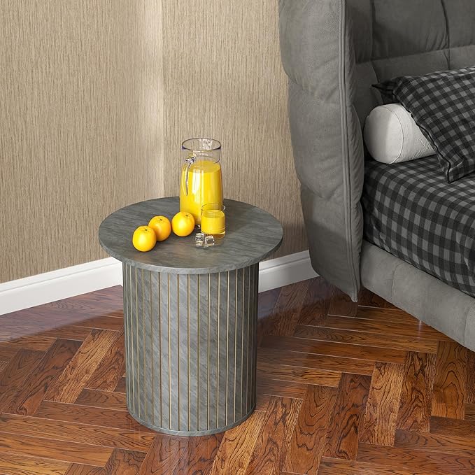 Round Side Coffee Table with Fluted Design Modern Wooden Accent End Table for Living Room, Bedroom, Office Small Nightstand(Grey)