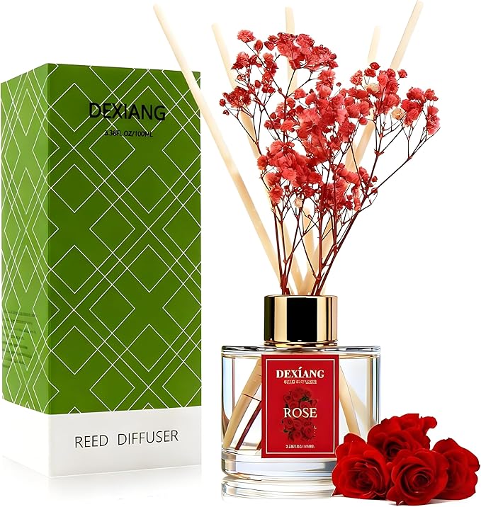 Reed Diffuser Set - 3.38 fl oz （100ml） Rose Home Fragrance Reed Diffuser for Bathroom Shelf Decor 6 Reed Stick
