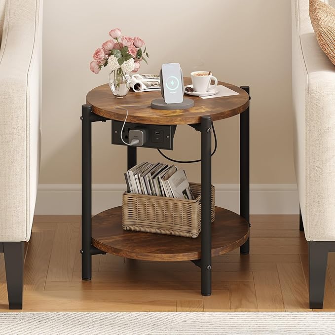 LIKIMIO 15.8" W Small Round Side Table with Charging Station, 2-Tier End Table with Lower Shelf, Wooden Nightstand for Small Spaces, Living Room, Bedroom, Rustic Brown