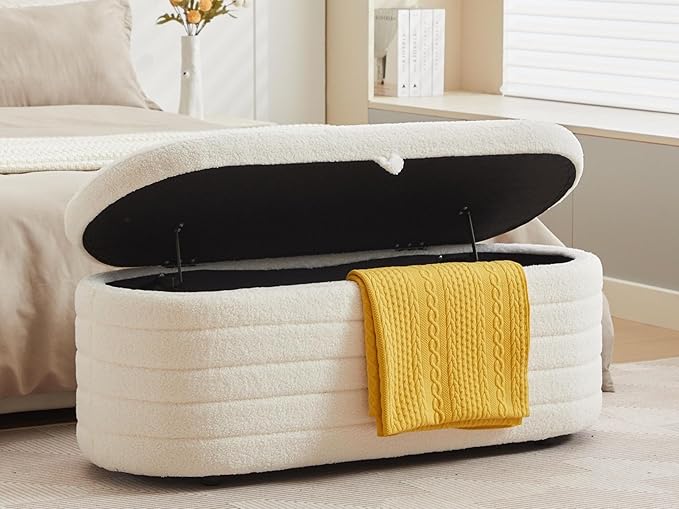 Storage Ottoman Bench End of Bed for Bedroom,45 inch Boucle Upholstered Entryway Shoe Seat Bench w/ Storage,Sherpa Modern Cute Padded Blanket Chest Stool Foot Rest for Living Room,Off-White