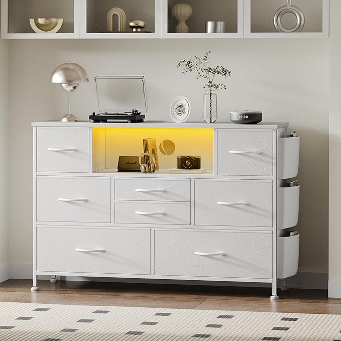 Dresser for Bedroom with 8 Drawers, Dresser TV Stand with LED Lights, Fabric Chest of Drawers with Side Pocket for Living Room, Entryway, Bedroom Furniture (White)