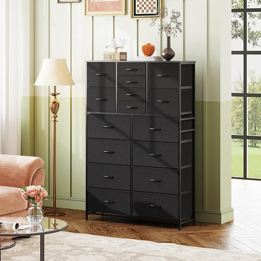 Tall Console Table with 16 Fabric Drawers, Entryway Table with Storage, Large Storage Organizer with Wood Top, Steel Frame for Living Room, Hallway, Office, Charcoal Black