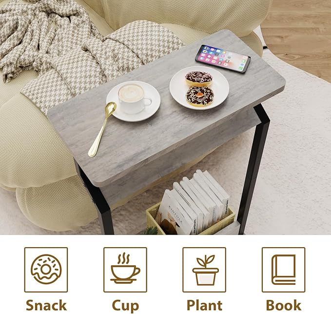 Narrow Side Table for Small Spaces, 2-Tier Farmhouse Small End Table, Slim TV Tray Couch Table Skinny Thin End Tables for Living Room Bedroom, Grey