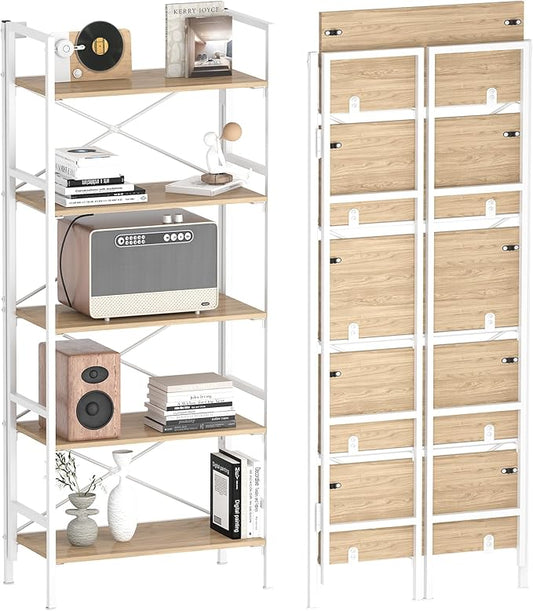 Folding Bookshelf,5 Tier Bookcase Foldable Shelf with X-Bracket Design, Adjustable Feet, Space Saving Storage for Living Room, Office, Light Coffee