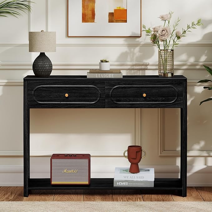 Fluted Console Table with Drawers, Mid-Century Narrow Entryway Table with Open Storage Shelves, Hallway Accent Tables Behind Couch Tables for Living Room (Black)