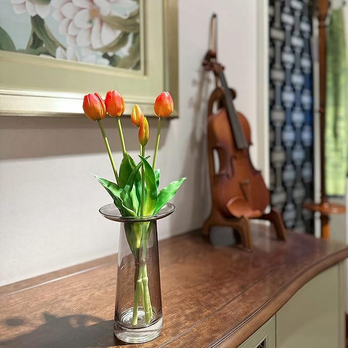 16-inch Premium Real Touch Fake Tulips, Artificial Flowers with Buds, Flexible Stem Easy to Shape, Faux Tulips (Vase not Included), 5-Pack Set of Sunset Orange